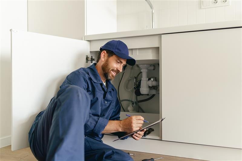 Residential plumber reviewing plumbing repairs in a Loveland kitchen