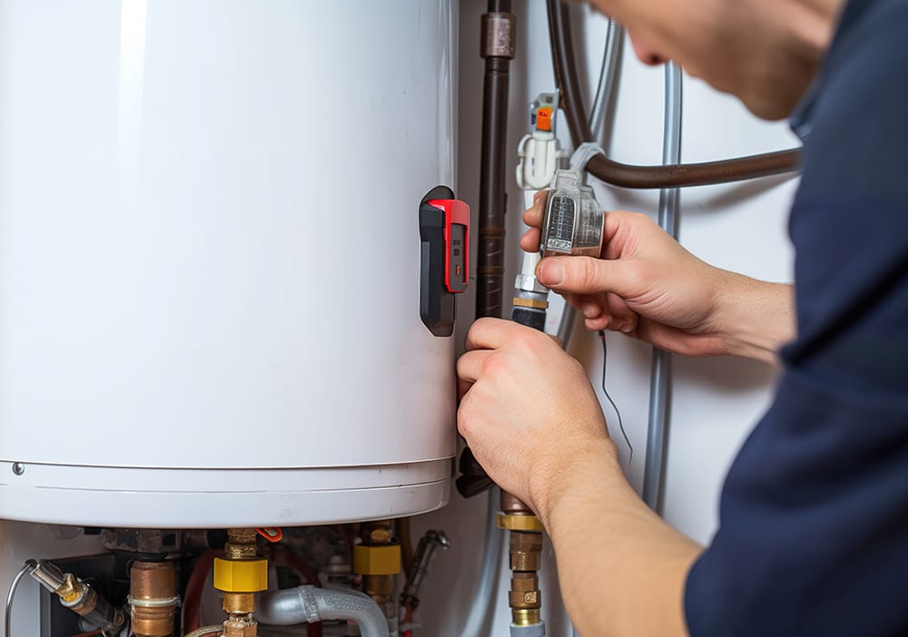 Technician repairing pipes connected to a water heater in Loveland